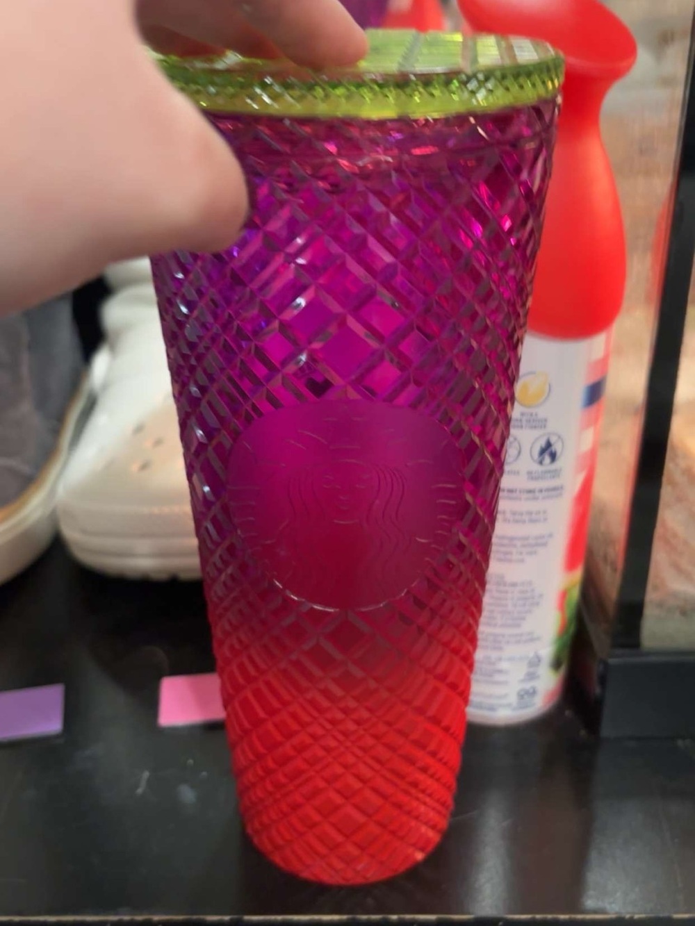 Starbucks Gradient Pink to Red Textured Cold Cup with Green Lid